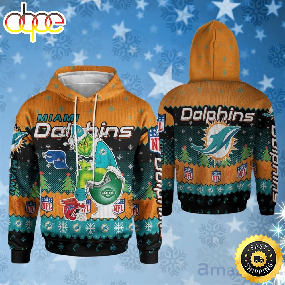 Christmas Miami Dolphins Grinch In Toilet Christmas 3D Pullover Hoodie