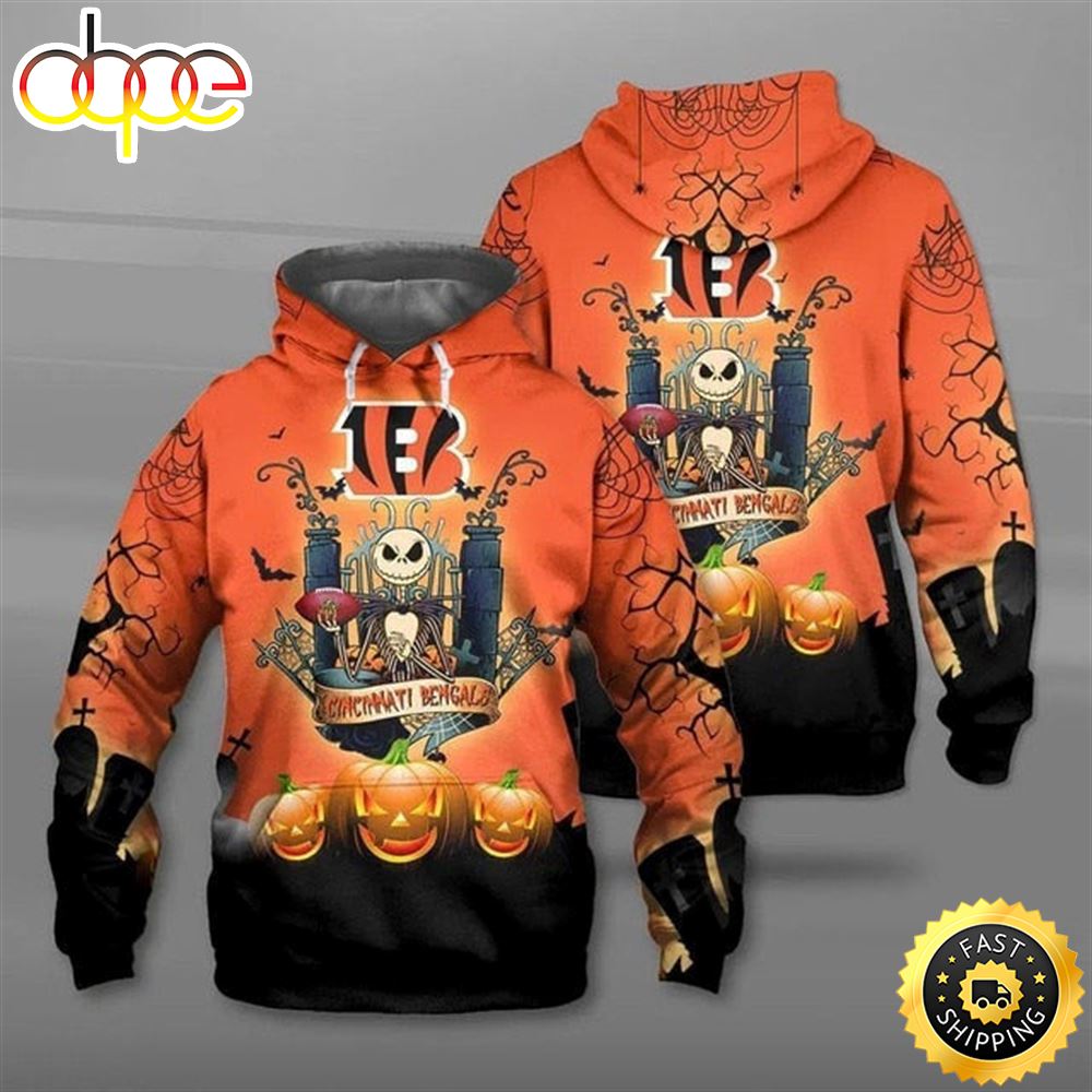 Cincinnati Bengals Halloween Pumpkin Jack Skellington Super Bowl 3D Pullover Hoodie_9834