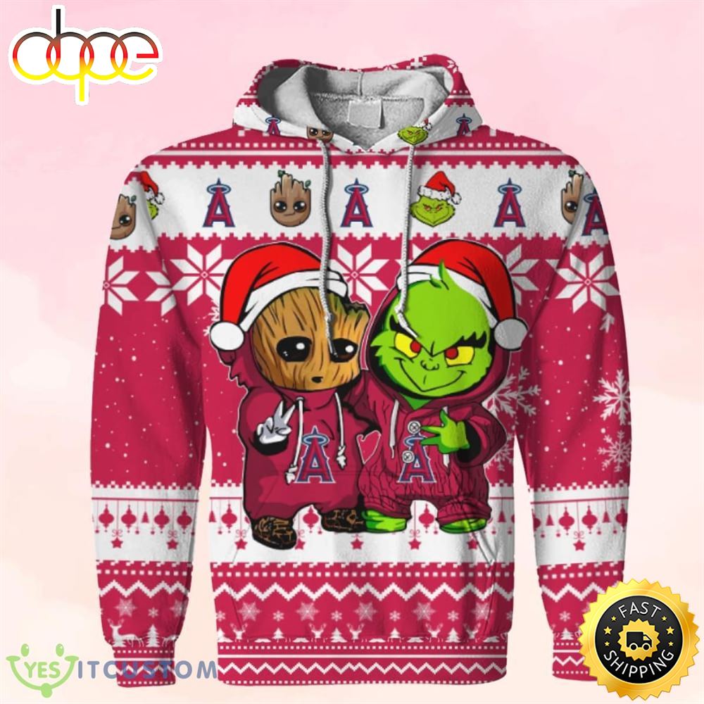 Los Angeles Angels Baby Groot And Grinch Ugly Christmas 3D Hoodie