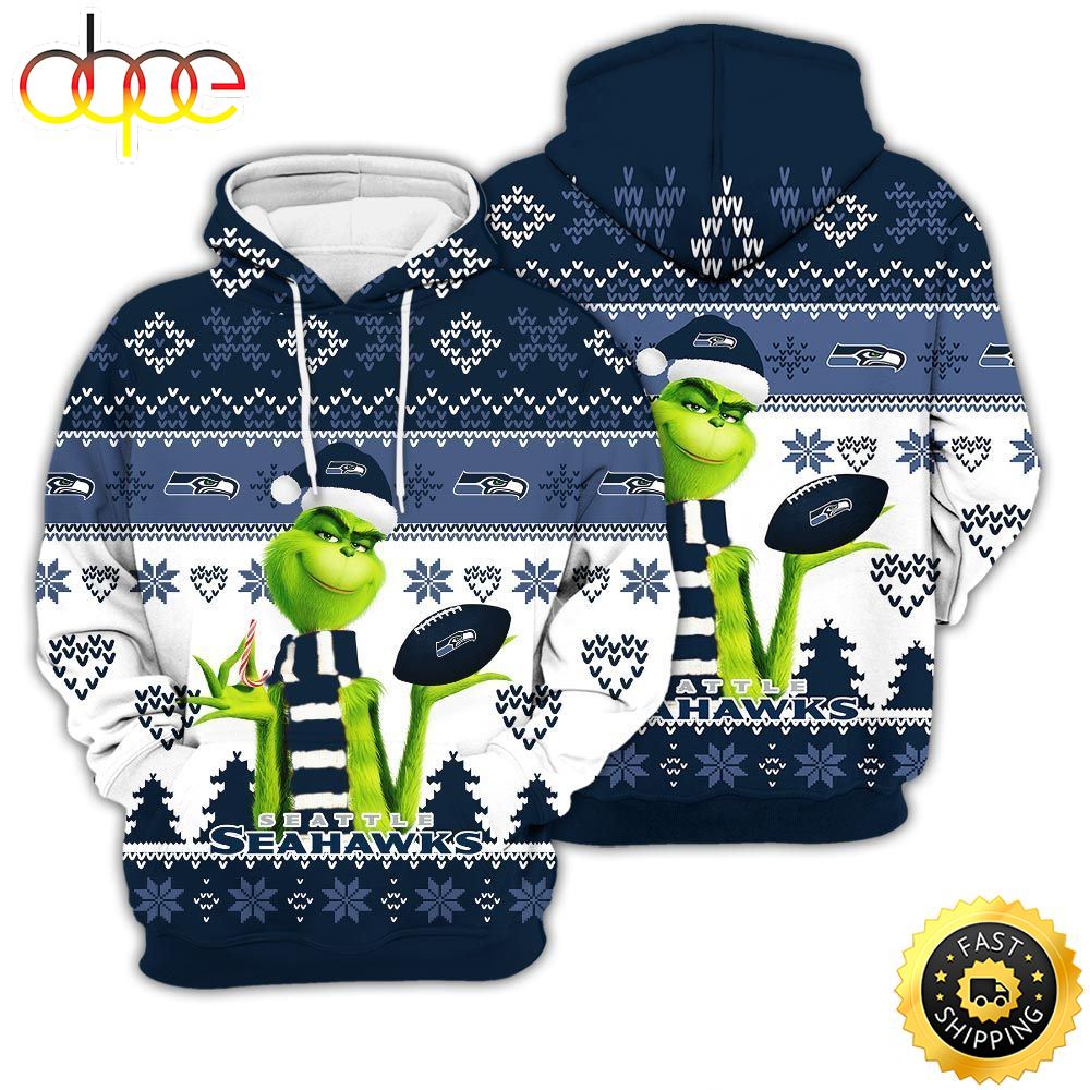 Merry Christmas Ugly Unisex Super Bowl American Grinch Cute Seahawks 3D Hoodie