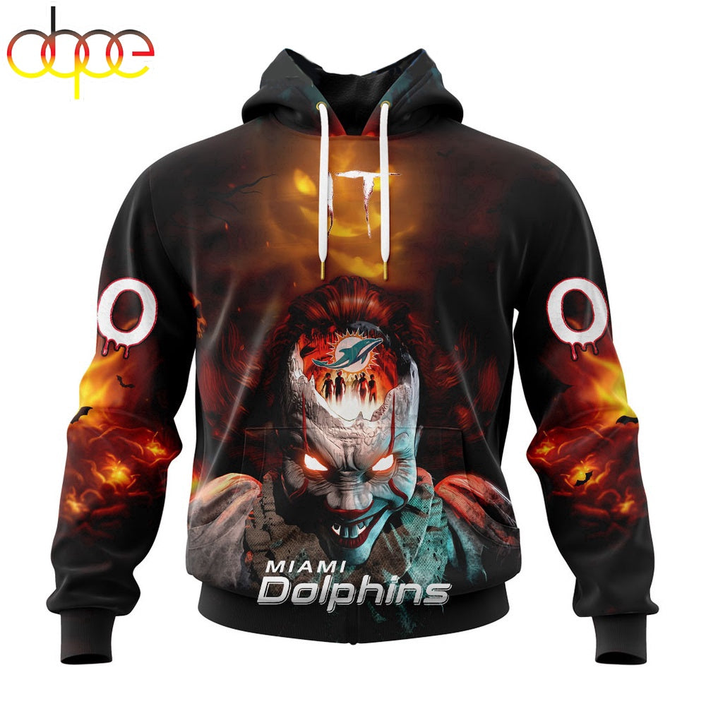 Custom Name And Number NFL Miami Dolphins Halloween Badut Mematikan 3D Hoodie Shirt