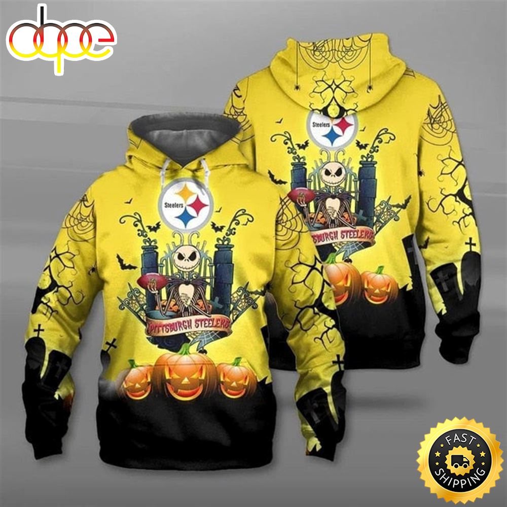 Pittsburgh Steelers Halloween With Pumpkin Jack Skellington Yellow Super Bowl 3D Pullover Hoodie_2523