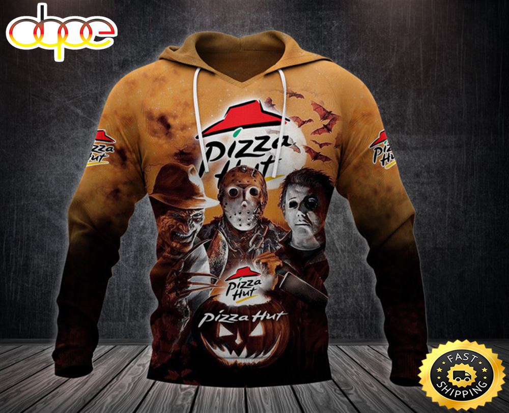 Pizza Hut With Michael Myers and Freddy Krueger and Jason Voorhees Pumpkin Halloween All Over Print Hoodie