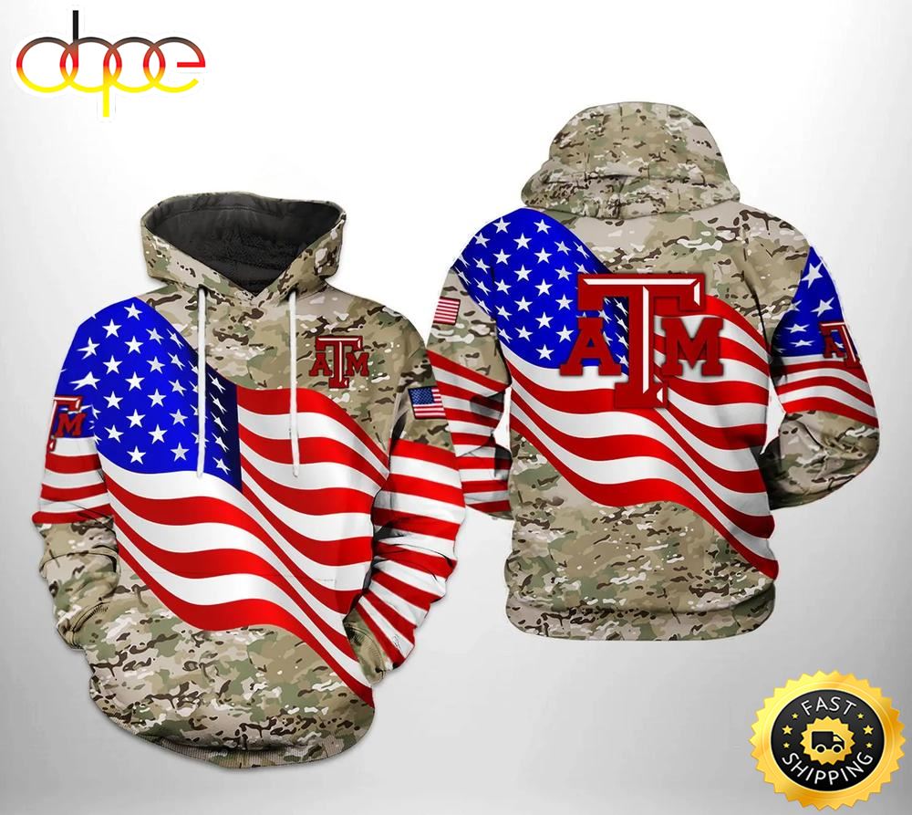 Texas A&amp;M Aggies Flag American Camo Veteran 3D Hoodie Texas A&amp;M Aggies Fan Gift Ideas