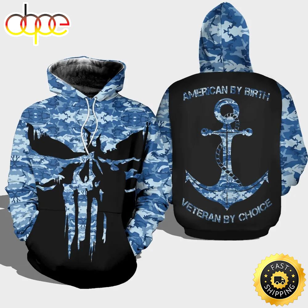 Veteran American By Birth Veteran Choice Navy Blue Anchor 3D Hoodie All Over Printed
