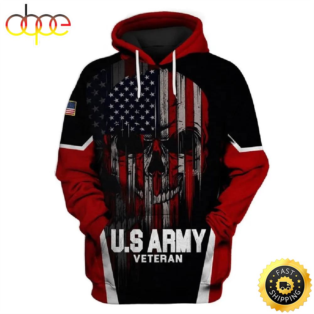 Veteran American U.S Army Veteran Flag Pattern Skull 3D Hoodie All Over Printed