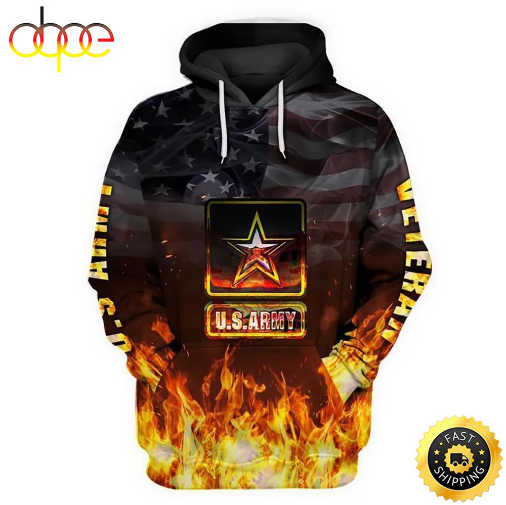 Veteran Military US Army Veteran Army Symbol On Fire 3D Hoodie All Over Printed