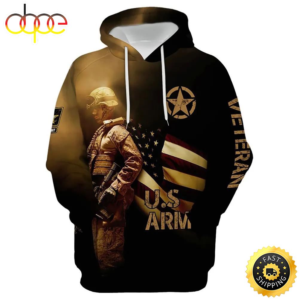 Veteran US Army Veteran Flag Behind Soldier 3D Hoodie All Over Printed
